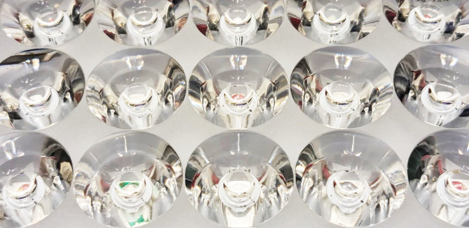 The FOCUS LED array lit up, 15 optics edge to edge